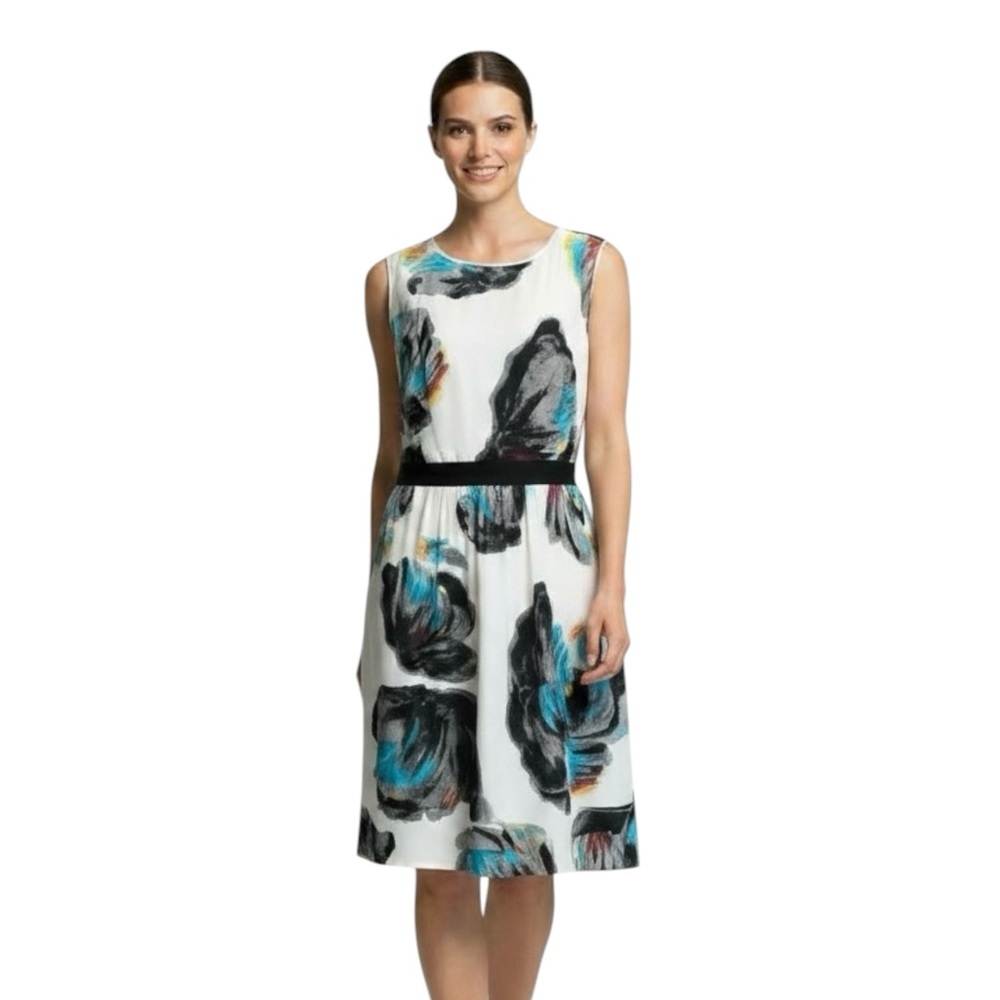 Cato White Sleeveless Blk/Teal/Yellow Watercolor Whimsical Fit & Flare Dress 16
